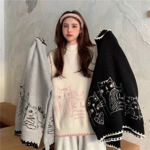 Cartoon Cat Harakuju Knit Pullover Sweaters Women 2021 Winter Warm Sweet Jumpers Long Sleeve Turtleneck Ladies Kawaii Cute Tops