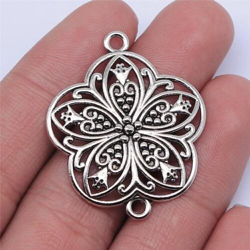 WYSIWYG 4pcs 37x31mm Antique Silver Color Hollow Flower Connector Charms For Jewelry Making DIY Jewelry Findings