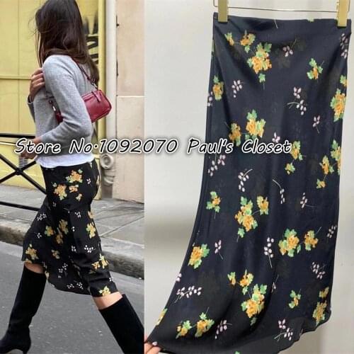 Women 100% Silk Naomi Skirt in Blossom Black Floral Print Slip Midi Skirt