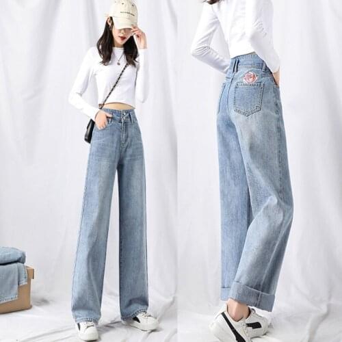 Womens Jeans Rose Embroidery High Waist Double Button New Casual Straight Wide Leg Trousers Elegant High Quality Office Jeans