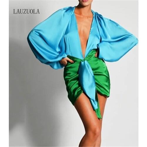 2 Piece Lantern Sleeve Skirts Sets Women Deep V-Neck Bodysuit Shirt and Ruched Mini Skirt 2021 Runway Fashion Summer Outfits