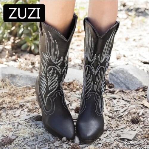 ZUZI 2021 Classic Embroidered Western Cowboy Boots for Women Leather Cowgirl Boots Low Heels Shoes Knee High Woman Boots