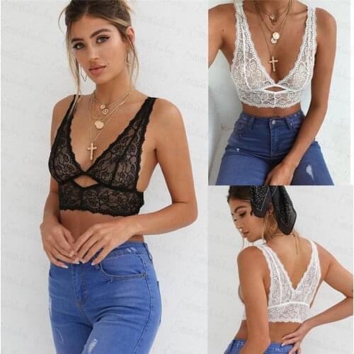 Women Floral Lace Bralette Bustier Crop Top Unpadded Triangle Bra Sheer Mesh Bra