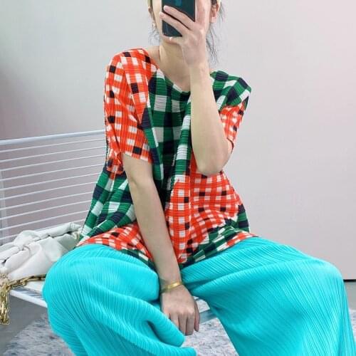 2021 Summer Color Patchwork Plaid Womens Dress Miyak fold Fashion loose plus size slim short sleeve round neck short dress