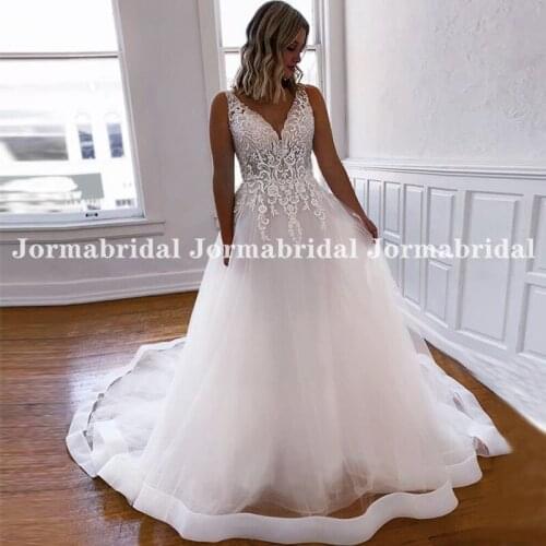 Elegant V-Neck Illusion Wedding Dresses Boho A-Line Appliques Tulle Bridal Dress Backless Lace Wedding Gowns With Sweep Train