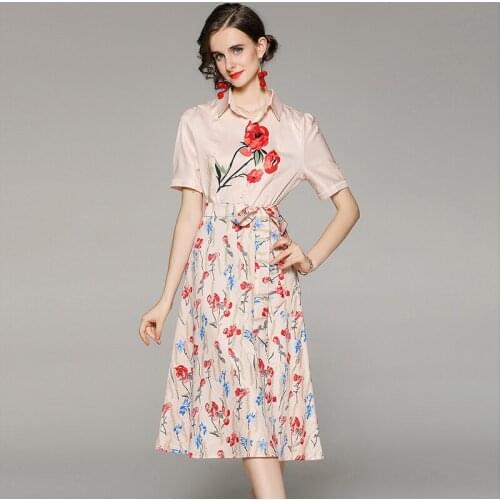 Summer Fashion Runway Designer Vintage Dress Women Turn-down Collar Bow Belt Elegant Floral Print Midi Dress k9811
