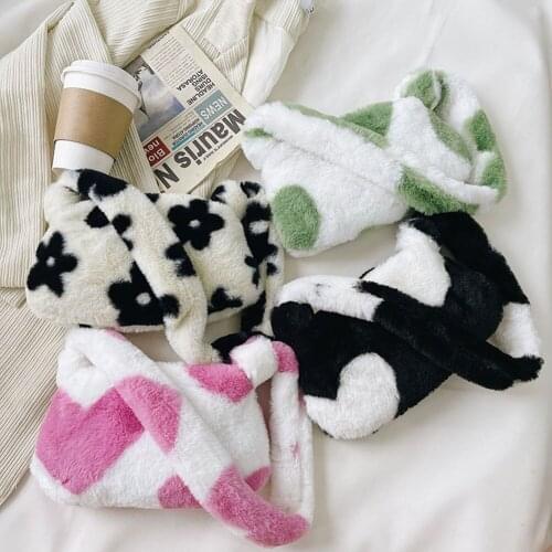 Winter Furry Women Large Handbags Fashion Flower Pattern Ladies Shoulder Messenger Bags Soft Plush Female Girls Travel Casual To