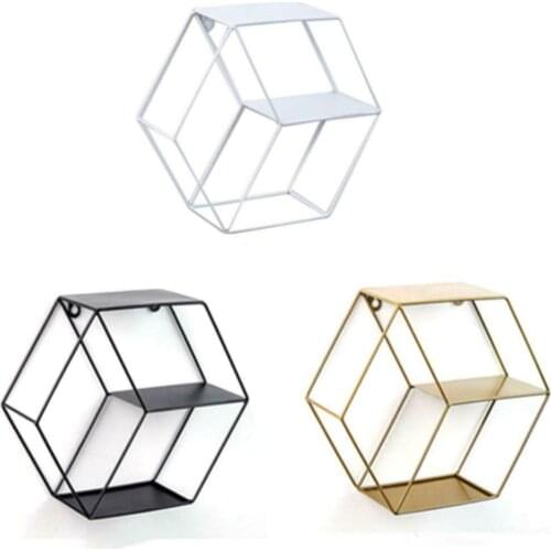 1 Pcs Iron Art Wall Mounted Shelf Minimalist Wrought Iron Hexagonal Wall Shelf Living Room Bedroom Wall Decoration Storage Rack