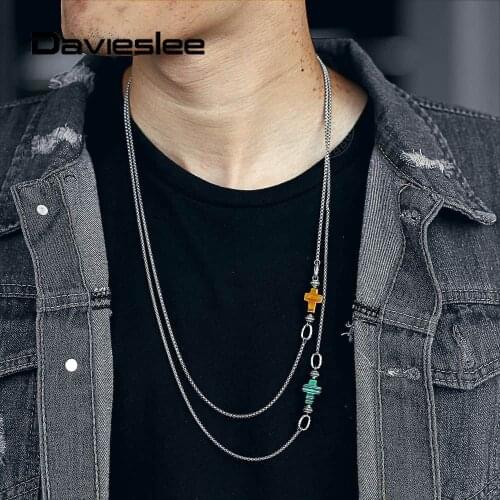 2mm Stainless Steel Box Link Chain Necklace for Men Women Tiger Eye Malachite Cross Charm Stylish Long Necklace 27inch LDNM24