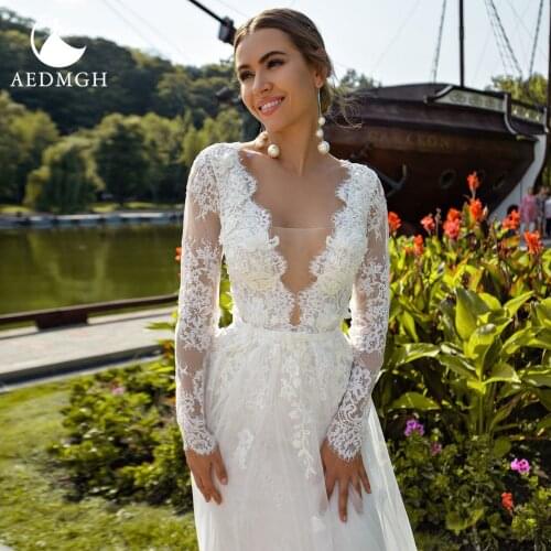 Aedmgh Sheath Wedding Dresses 2021 Scoop Long Sleeve Detachable Train Vestido De Novias 2 In 1 Appliques Backless Bridal Gowns
