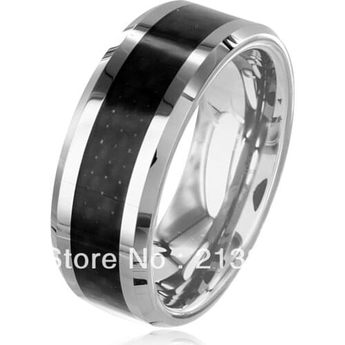 Free Shipping Buy Cheap Discount Price USA HOT Selling 8MM Men&Womens Black Fiber Inlayed Beveled Tungsten Wedding Rings