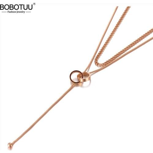 BOBOTUU Goth Stainless Steel Double-layer Double Circle Charm Choker Necklace Trendy Bohemia Chain Necklace For Women BN20119