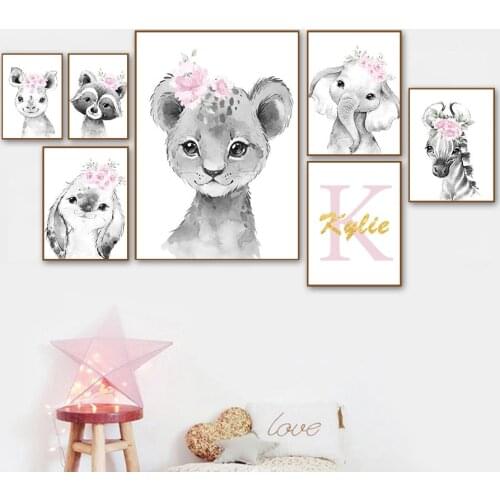 Black White Pink Flower Baby Animal Nursery Wall Art Poster For Kids Bedroom Canvas Painting Deocration Wall Poster Art Decor