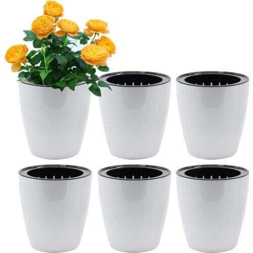 Automatic Watering Flower Pot, White, Lazy Flower Pot, Hydroponic Plastic Flower Pot, 6 Pieces