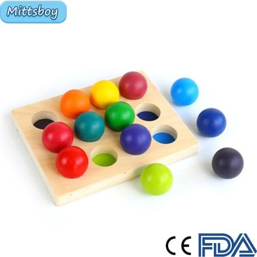 Montessori Wooden Toys Color Sorting Wood Balls Rainbow Pastel Sphere with Tray Montessori Educational Wooden toy Learning Toys