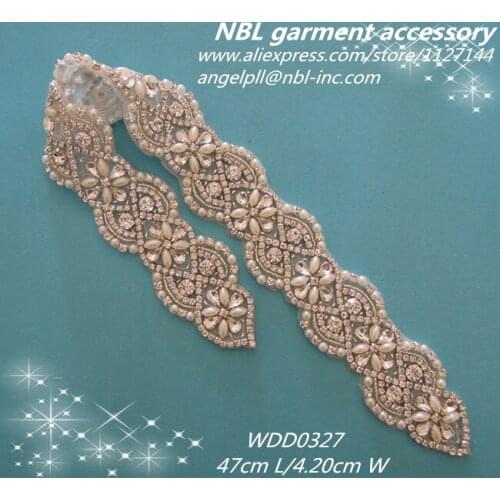 Long crystal bridal beaded rhinestone pearl sash applique for wedding dress WDD0327