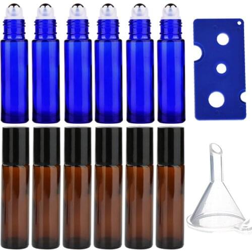 12Pack 10ml Amber Glass Roller Bottles with Stainless Steel Balls Empty Leakproof UV Protection for Essential Oil