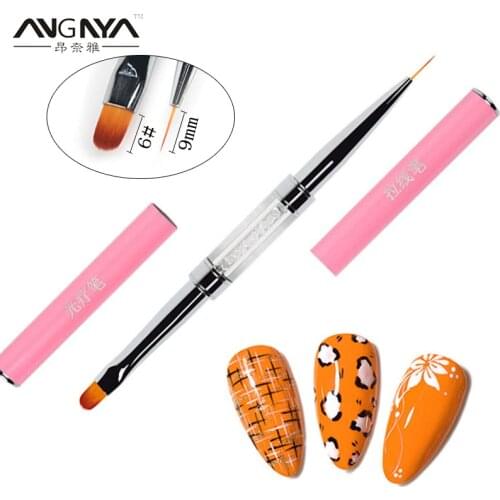ANGNYA 1Pc UV Gel Polish Nail Brush 9mm Flower Drawing Liner Pen Pink Metal Rhinestones Handle Manicure Dual-head Nail Art Tools
