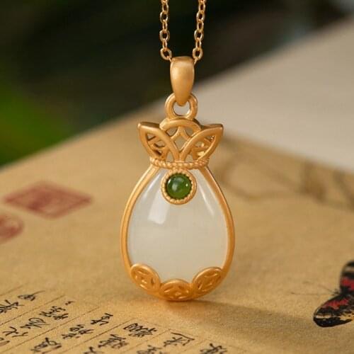 Natural Hetian White Jade Money Bag Pendant Necklace Chinese Style Retro Palace Style Charm Womens Silver Jewelry