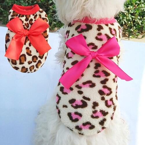 Cute Leopard Pet Puppy Small Dog Cat Pet Clothes Apparel Pet Leopard Bowknot Clothes Coral Fleece Puppy Clothes Apparel Costume