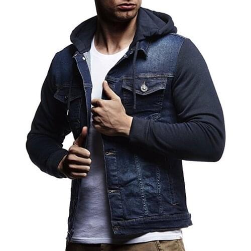 New mens denim jackets Autumn Winter mens Knitted sleeves Stitching Hooded Jeans coats male Solid color Single-breasted outwear