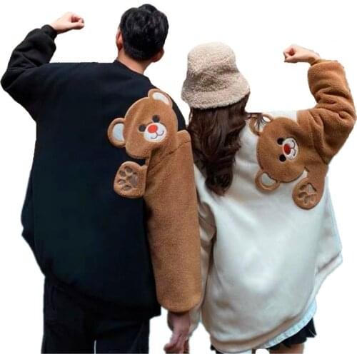 2021 Autumn Harajuku Men Round Neck Sweatshirt Flocking Cartoon Bear Fleece Long Sleeves Hoodies Unisex Couple Matching Outwear