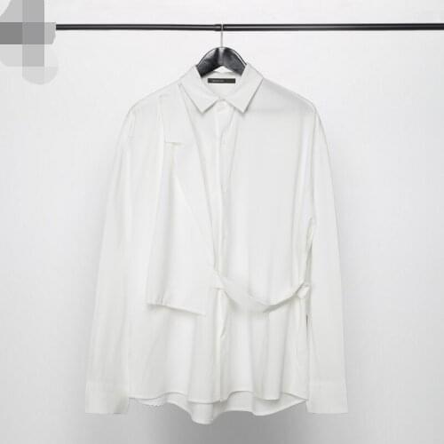 Mens Long-Sleeve Shirt Spring And Autumn Lapel Monochrome Literature Personality Stereoscopic Cutting Irregular Stitching Trend