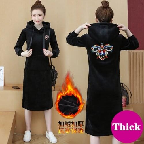 2020 New Autumn Winter Embroidery Velvet Dresses Women Vintage Casual Full Sleeve A-Line Dress Hooded Solid Slim Female Dress