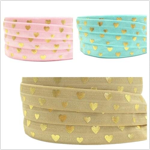 New Arrival Gold Foil Love Heart Print Fold Over Elastic 10 yards/lot Wholesale 5/8" FOE Ribbonfor Hair Tie Hair Accessories