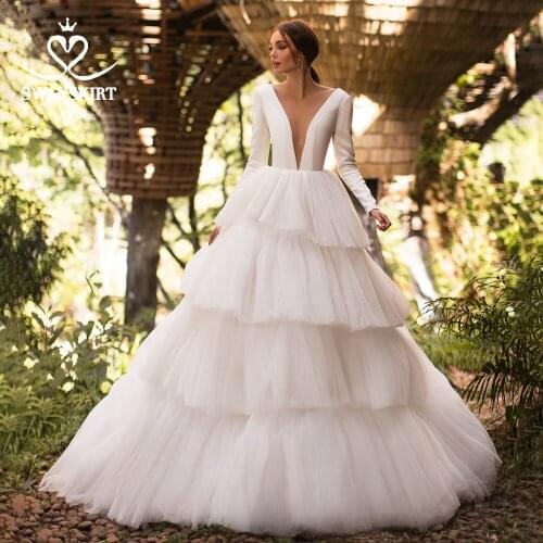 Romantic Long Sleeve Wedding Dress V-neck Tulle Ball Gown Court Train Bridal Princess Customized SwanSarah I124 Vestido De Noiva