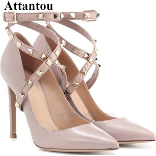 Designer Ankle Strap Black Soft Mat Leather High Heel Pumps Women Rivet Pointed Toe Fashion Party Dress Shoes