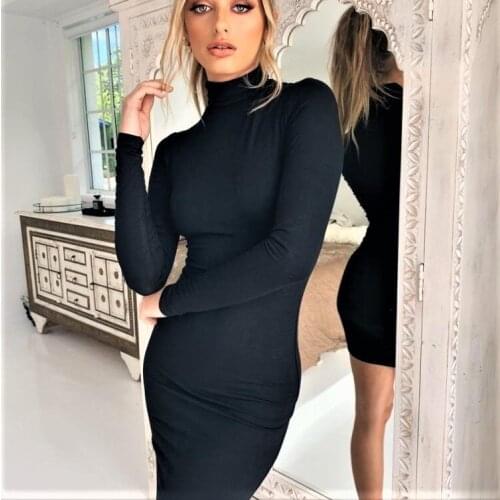 W 2021 new high collar long sleeve sexy slim dress платье