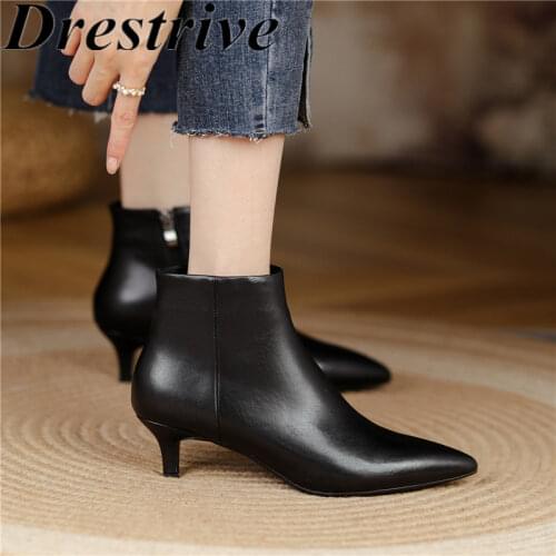 Drestrive Women Ankle Boots Pointed Toe Zipper Beige Thin Low Heels Full Genuine Leather 2021 Classics Autumn Shoes Office