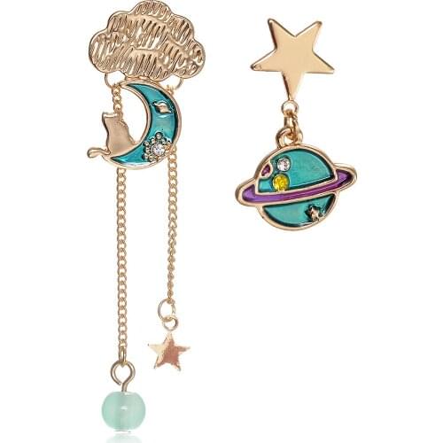 New Korean Enamel Trendy Asymmetric Star Moon Long Tassel Dangle Earrings For Women Trendy Earrings Pendant Jewelry