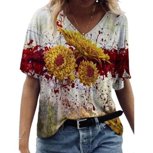 3D Tie Dye Sunflower Women Print Tops Summer 2021 New Fashion Ladies Short Sleeve V-Neck Casual T Shirt Loose Plus Size Tee Tops