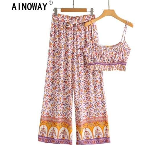 Pink Floral print Women two piece outfits strap Sleeveless tops Bohemian Drawstring pants 2 pieces rayon cotton Boho sets