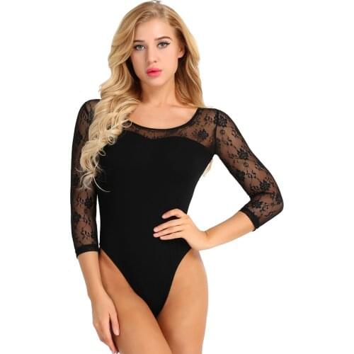 Women Soft Lace 3/4 Sleeves Stretchy Bodysuit Professional Ballet Dancewear Gymnastics Leotard Adult Stage Performance Costume