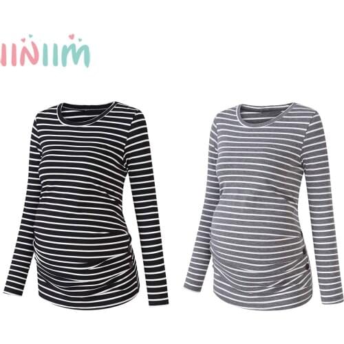 2021 Pregnant Women Casual Long Sleeve O-Neck Striped Tunic T-Shirt Plus Size Maternity Side Ruched Button Tops Tees Wholesale