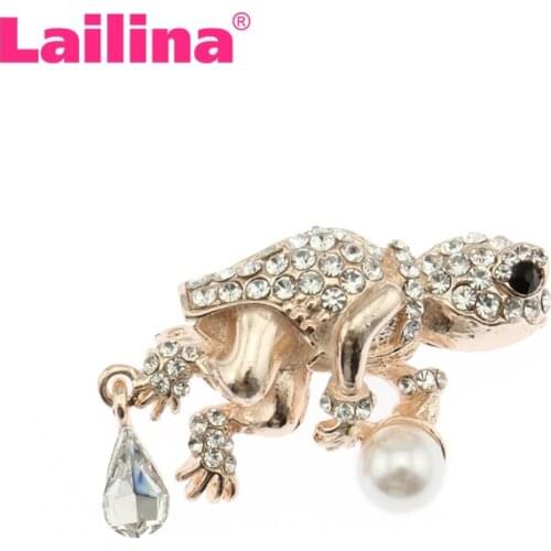 50pcs/lot Fancy frog brooch with pearl lapel pin rhinestone animal brooch pin