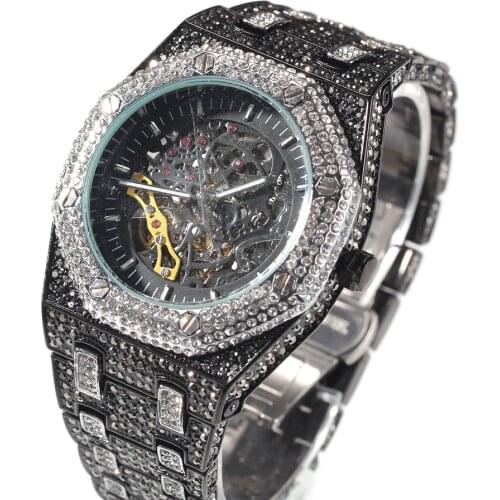 MISSFOX Hip Hop Automatic Mechanical Top Brand Luxury Mens Watches White Gold Male Watch Original Stainless Steel Iced Out Watch