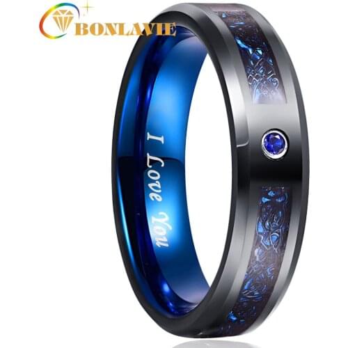 BONLAVIE Mens 6mm Blue Carbon Fiber Black Tungsten Carbide Ring Comfort Fit Wedding Band Rings for Men