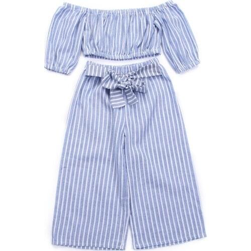 Toddler Girls Striped Outfit Set Short Sleeve Off-shoulder Crop Top+Bowknot Pants Trousers 1-6Y Baby Girl Summer Two Piece Suit