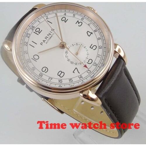 2019 New 42mm Parnis GMT Gold mechanical watch men automatic steel waterproof black leather white dial DATE Power luminous 593