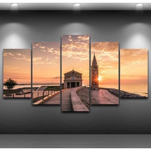 Printing Type Poster Canvas Painting HD Print 5 Panel Tower Sunset Landscape Wall Art Modular Vintage Home Decor framework