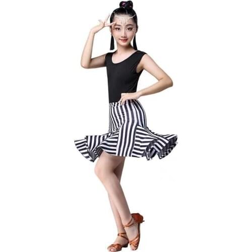 New Children Latin Dance Dress Open Back Sleeveless Black And White Stripes Standard Ballroom Performance Tango Salsa Dresses