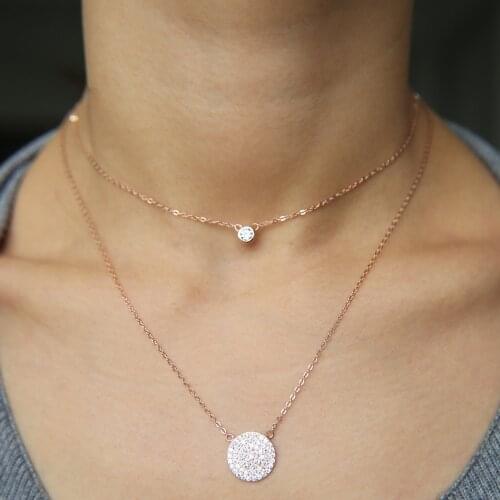 Real 925 sterling silver round disc charm pendant Double Layer link Chain Necklace For Women elegant dainty cz sexy chokers