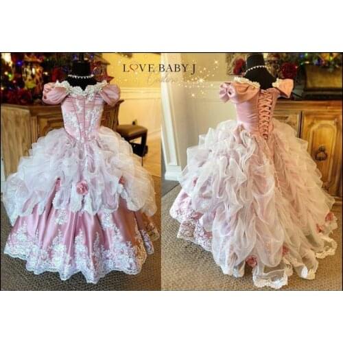 Off Shoulder Pink Flower Girls Ball Gowns Pink Lace Girls Princess Birthday Party Party Gowns Celebration Gowns