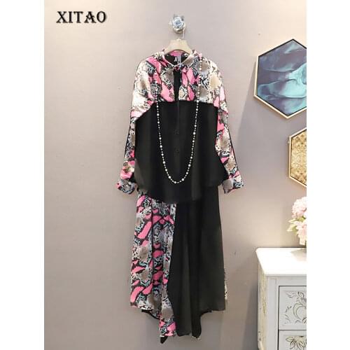 XITAO Print Patchwork Casual Womens Sets Tide Fashion Korean Style Turn Down Collar Long Batwing Sleeve Elastic Waist ZY4486