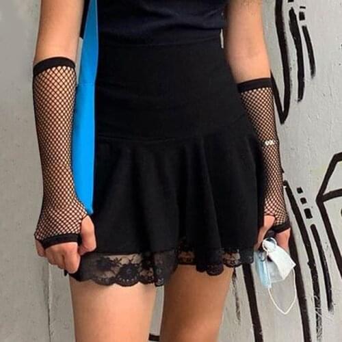 Women Sexy Solid High Waist Skirt Sweetown Black Goth Pleated Skirt Woman Punk Style Dark Vintage Skirts Lace Edge