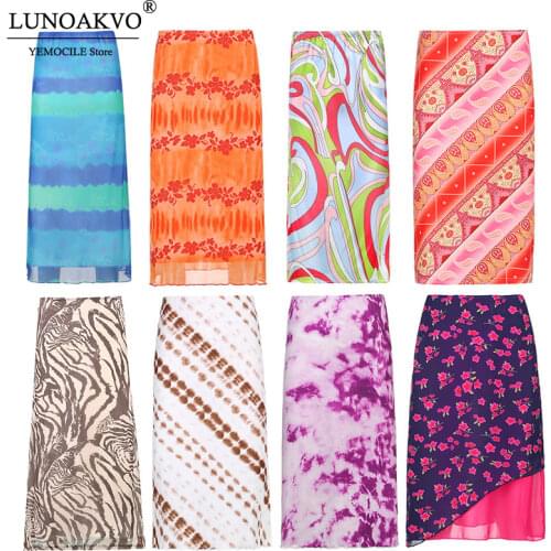 Y2K Aesthetic Striped Long Skirts 2021 New Tie Dye Printed High Waist Summer Women Skirt 2000s Retro Sweet Cute Mid-Calf Skirts